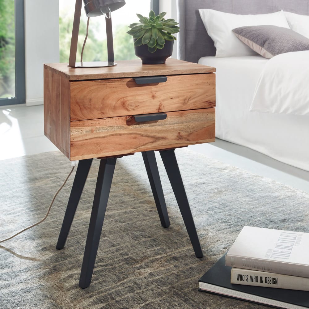 Finebuy 47x65x35 Cm Table De Chevet En Bois Massif D'acacia Avec Sommier À Ressorts