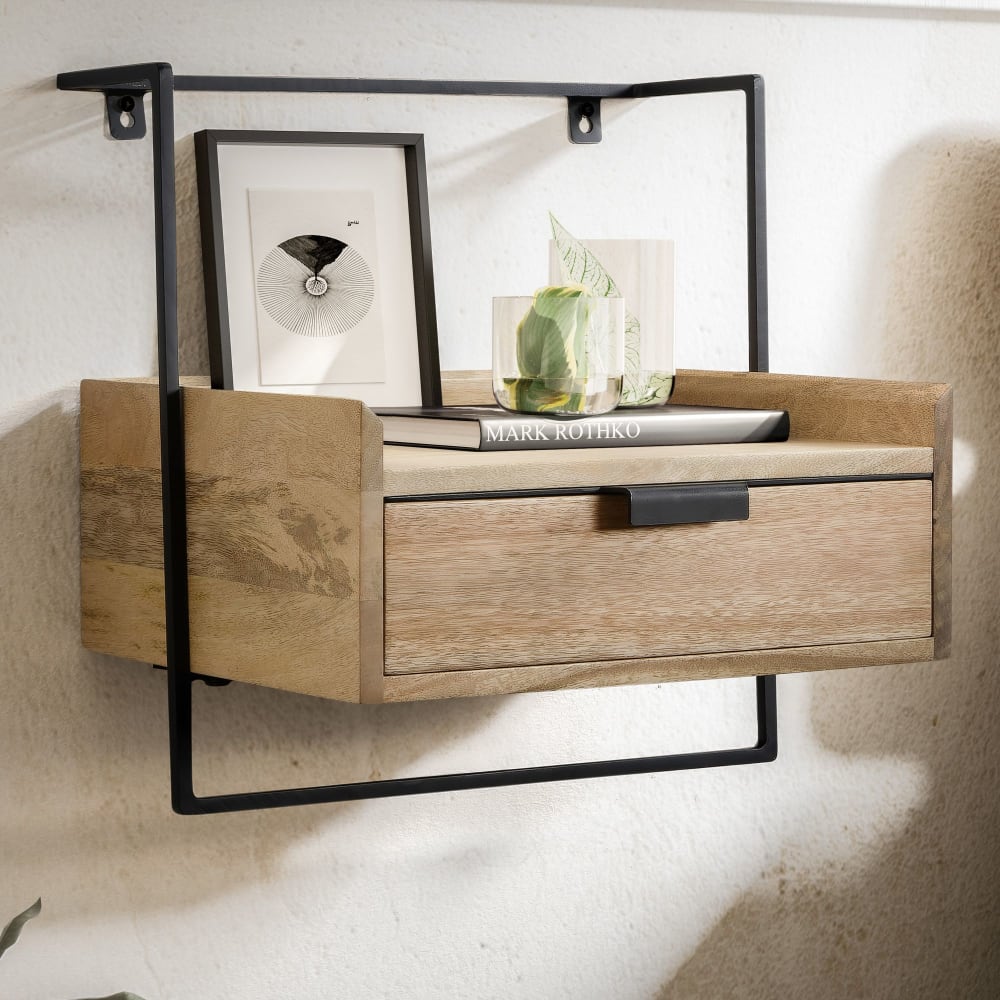 Finebuy Table De Chevet Murale Bois Massif Métal Flottante De Nuit 44x45x35 Cm