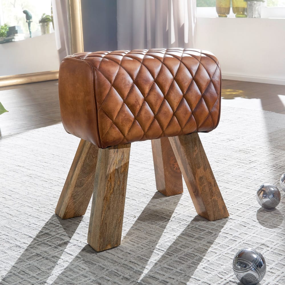 Finebuy Ottoman En Cuir Véritable 40x48x27 Cm Ottoman En Cuir Tabouret En Bois Massif Marron