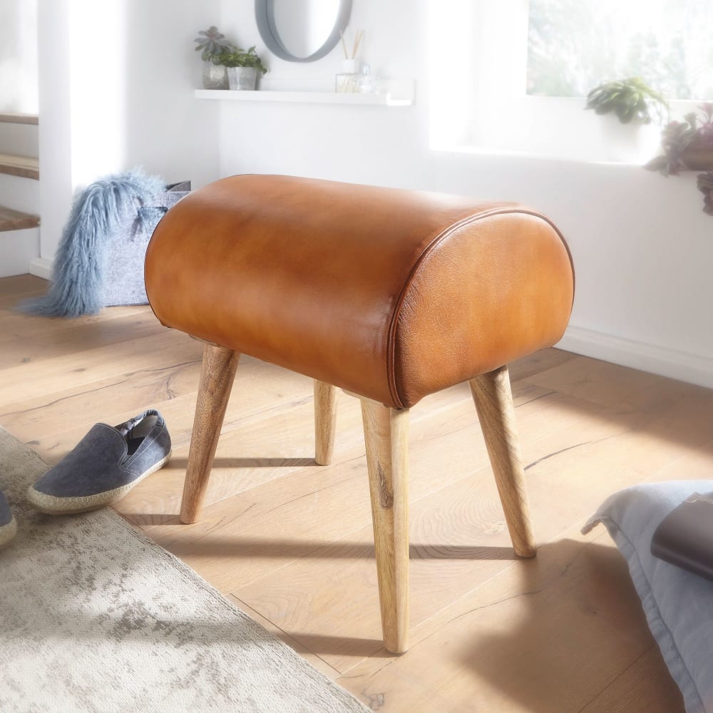 Finebuy Tabouret 45x53x40 Cm Marron En Cuir Véritable Tabouret En Bois Tabouret En Cuir Massif