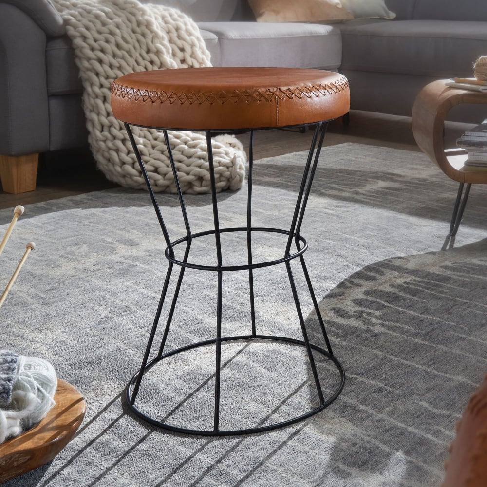 Finebuy Tabouret Brun 35x48 Cm Tabouret En Cuir Moderne En Cuir Véritable Tabouret Rond