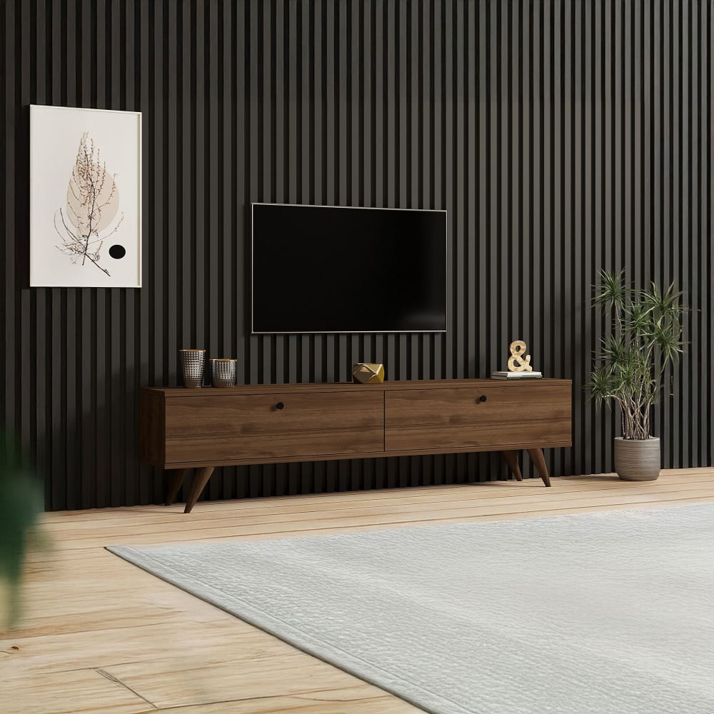 Meuble tv 2 portes 160x25x35 cm décor noyer