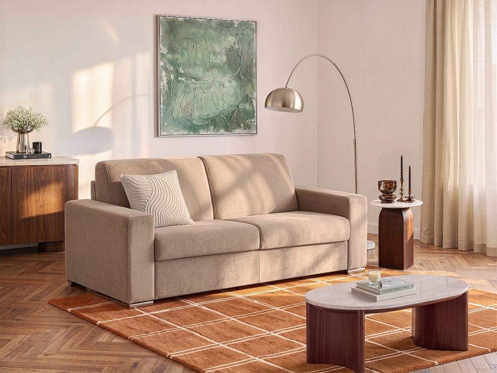 Canapé 3 places convertible express en velours beige - Couchage lattes larges 140 cm - Matelas 16 cm avec mousse à mémoire de