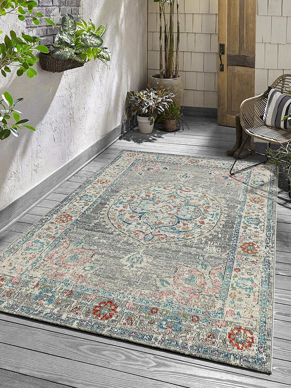 Tapis extérieur terrasse cuisine balcon vintage, gris, 160 x 230 cm