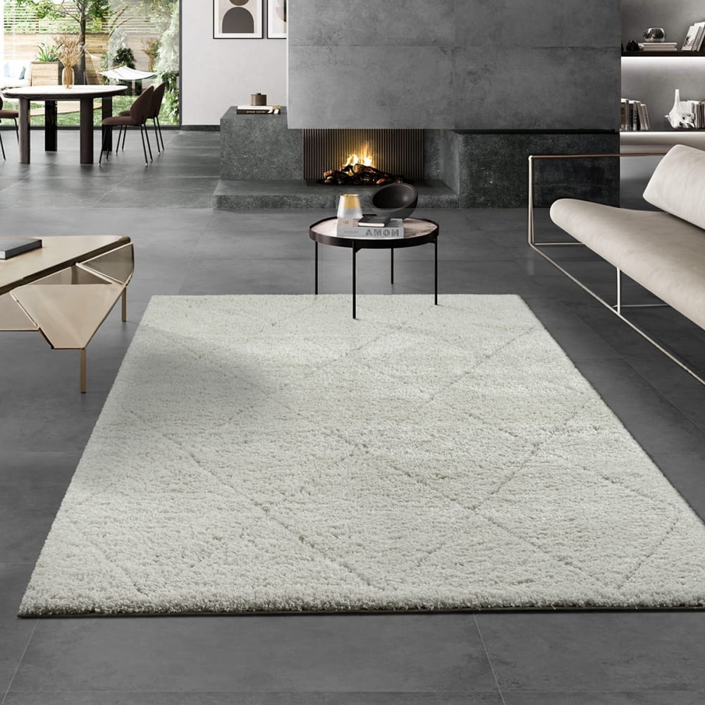 Tapis salon poils longs nordique - Crème - 200 x 290 cm