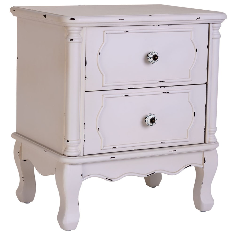 Table de chevet en bois blanc vieilli avec 2 tiroirs 50x36x55h cm