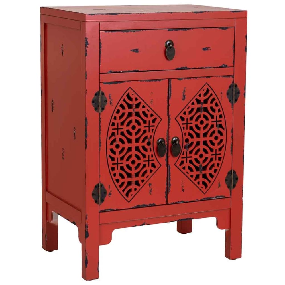 Table De Chevet En Bois Rouge Avec 1 Tiroir Et 2 Portes 48x32x70h Cm