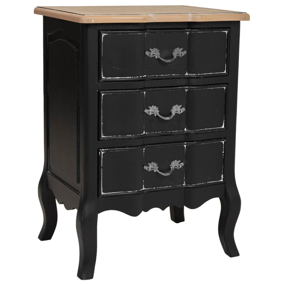 Table d'appoint en bois laqué noir vieilli avec 3 tiroirs 50x40x70