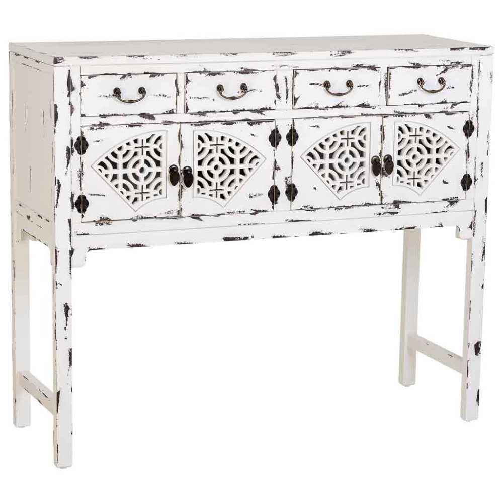 Console En Bois Laqué Blanc Avec 4 Tiroirs Et 4 Portes 120x40x102h Cm
