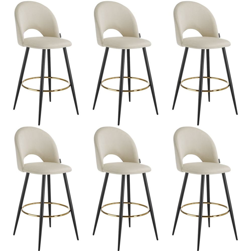 Lot 6 Chaises De Bar Aspect Velours Rembourré Crème Et Noir