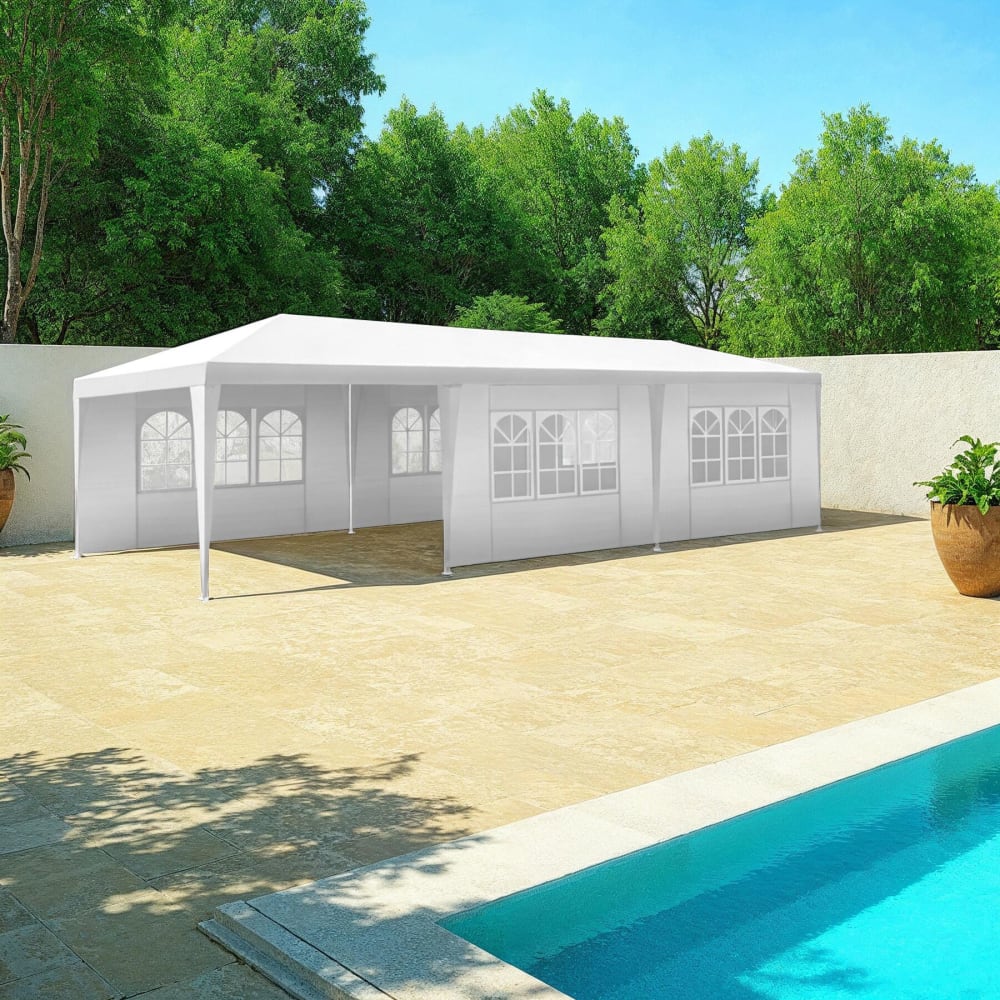 Pavillon 9x3m Avec 8 Faces Latérales Amovibles Imperméable Blanc