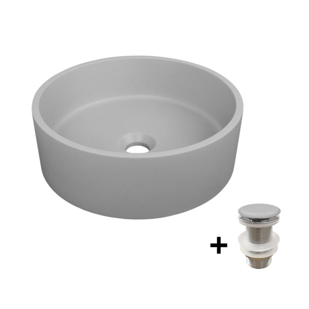 Vasque à poser ronde en béton lisse ALAN 36x36cm + bonde