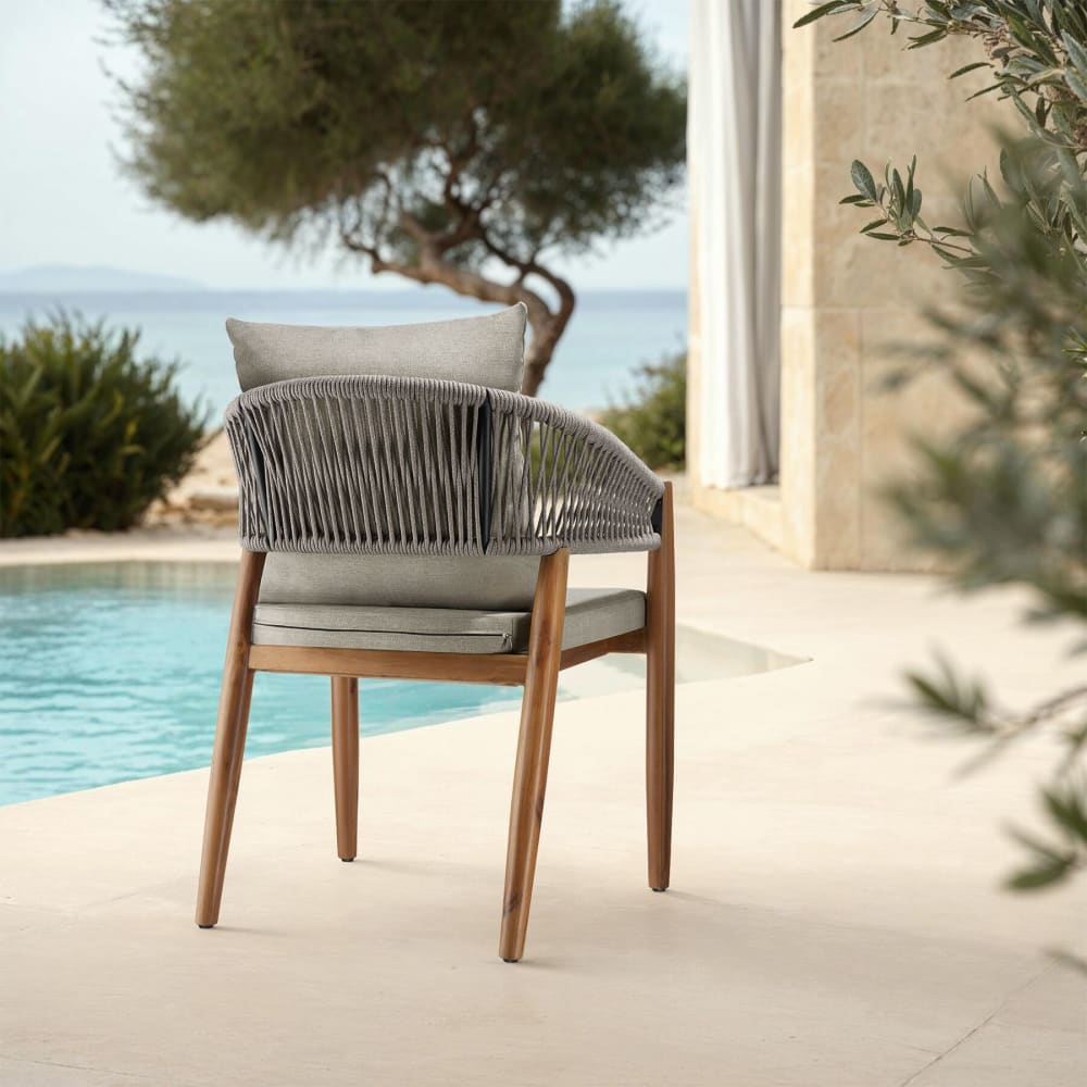 Lot 6 chaises jardin bois acacia 59x58x76,5cm résistantes intempéries grège rope design coussins