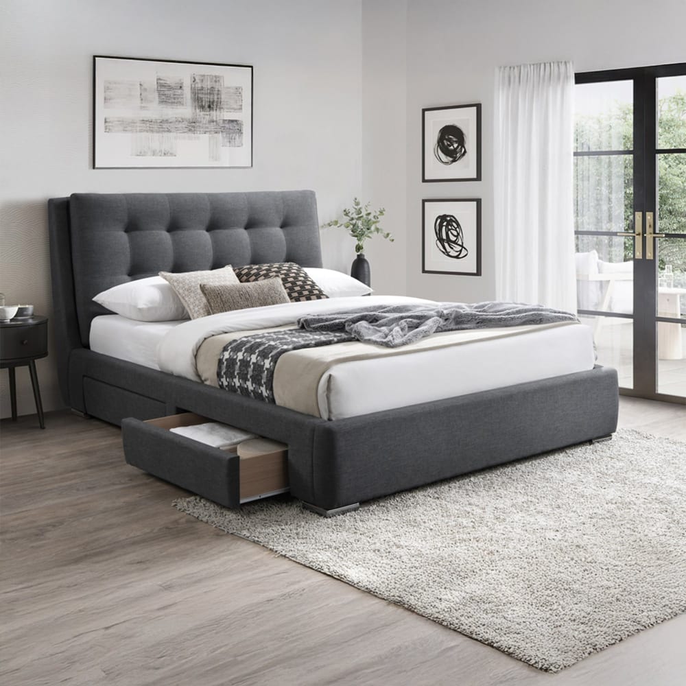 Rodrigo - Lit Double En Tissu Gris Foncé Avec 2 Tiroirs 140x190 Cm