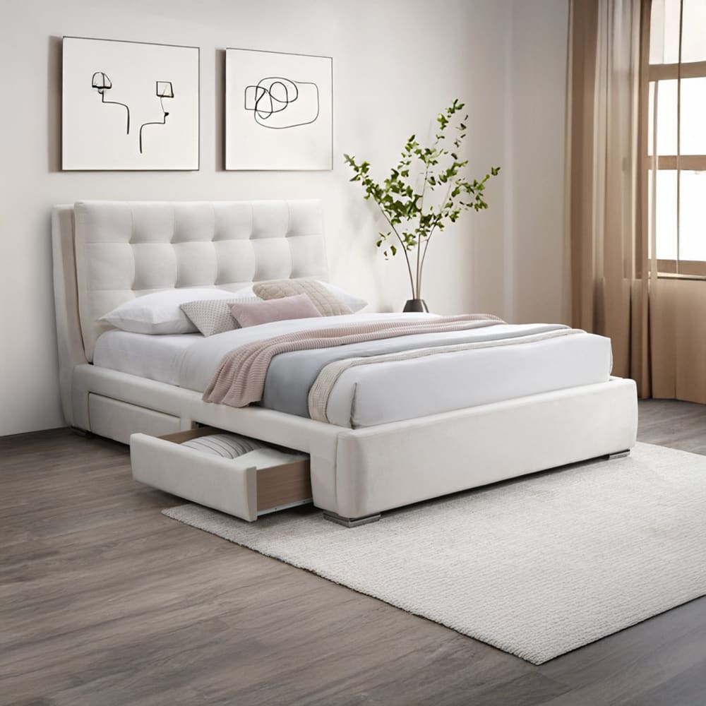 Lit double en tissu blanc écru avec 2 tiroirs 160x200 cm
