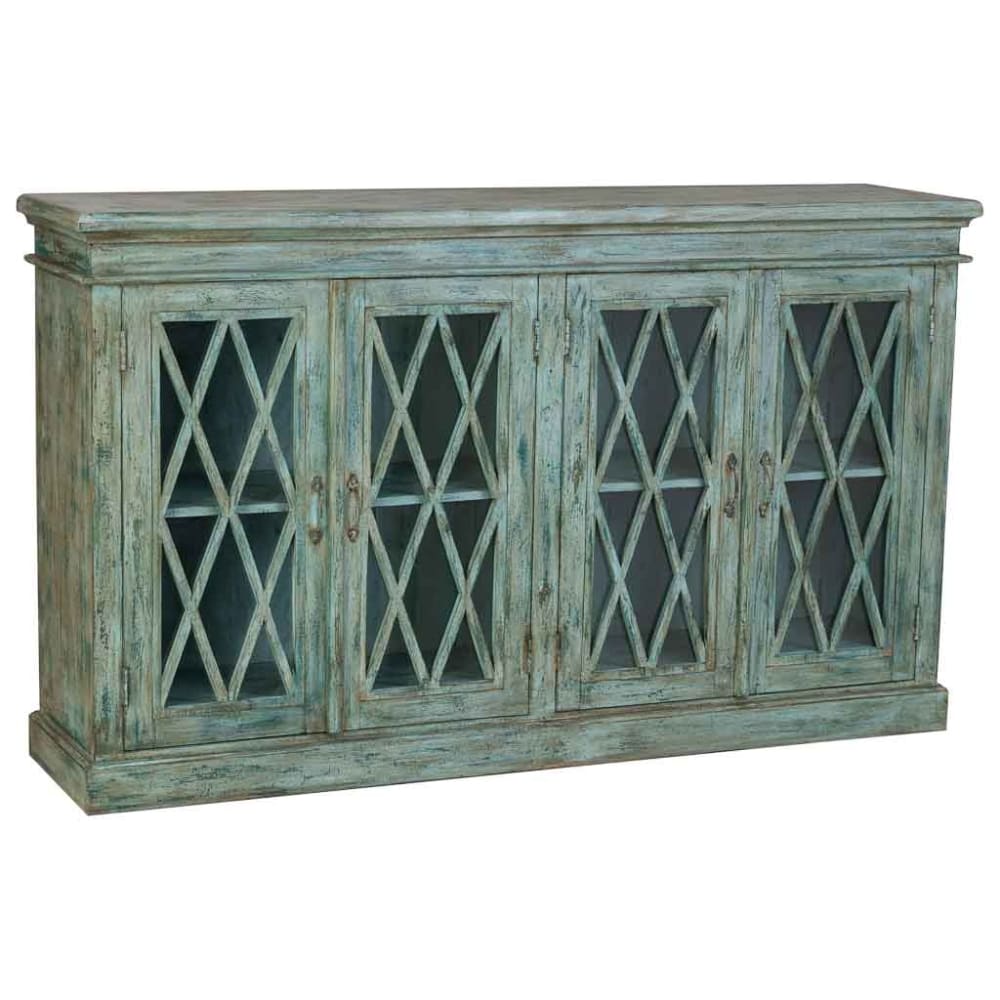 Buffet En Bois Et Verre Avec 4 Portes, Bleu 170x40x100h Cm