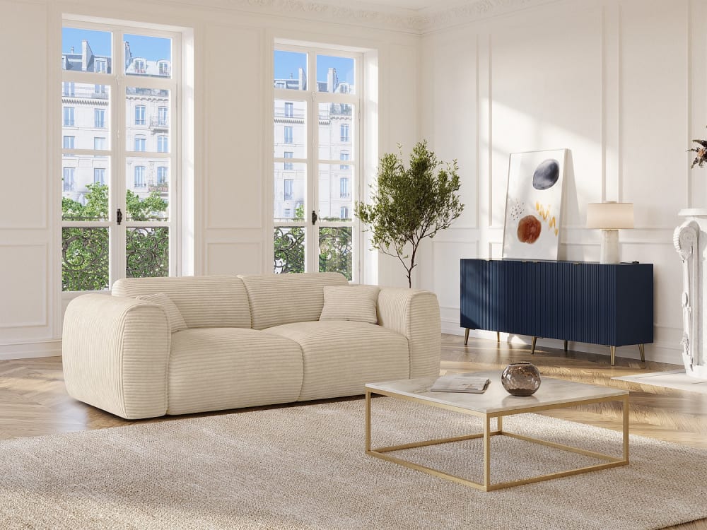 Canapé 3 places convertible express en velours côtelé beige - Couchage 140 cm - Matelas 13 cm mémoire de forme POGNIA