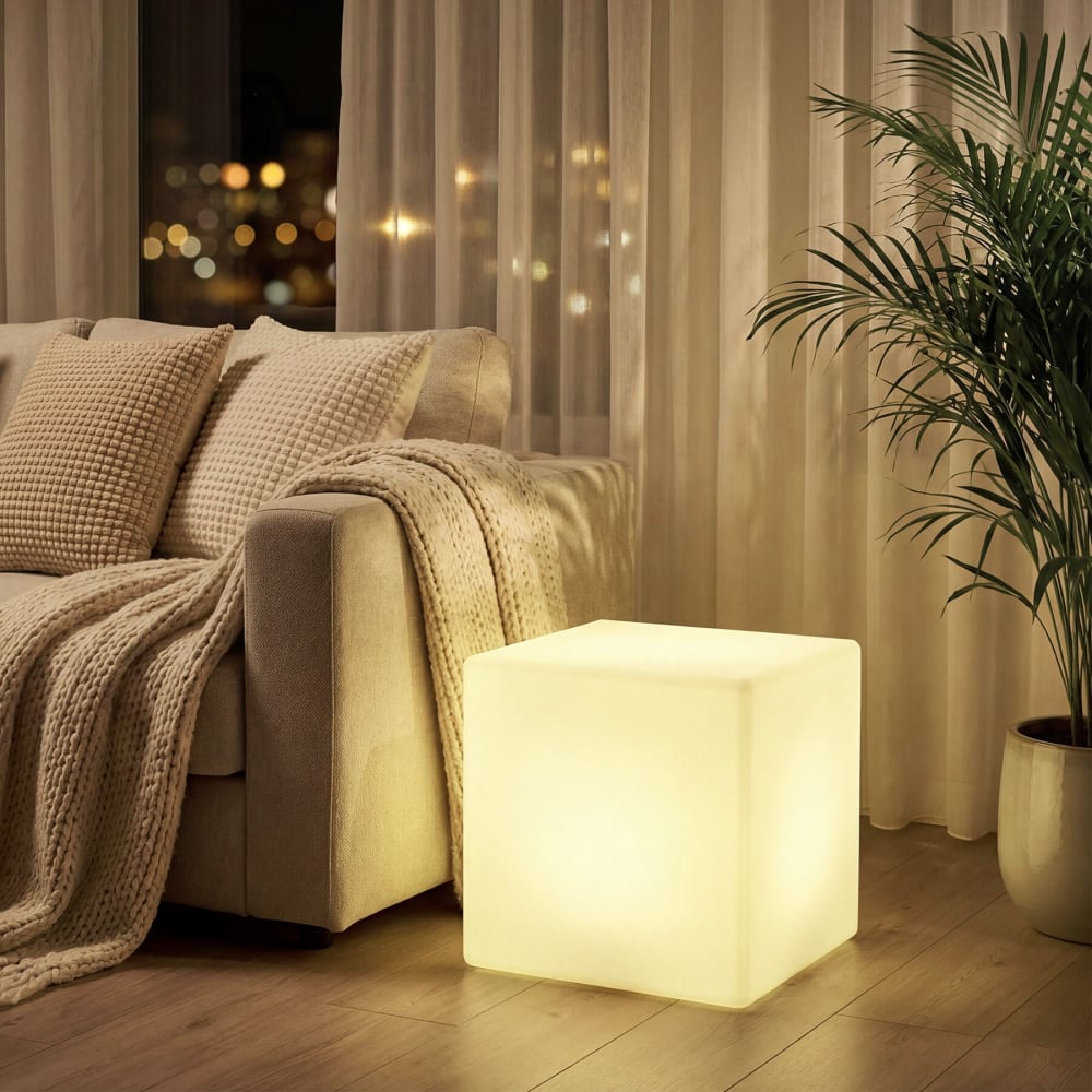 Lampe Cube Avec Ampoule Led Et Télécommande 12w 35cm Blanc