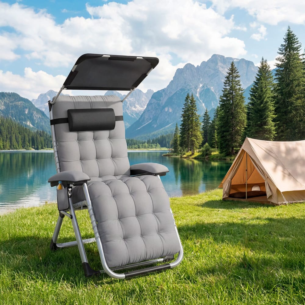 Chaise longue pliable avec dossier flexible et repose-pieds gris clair