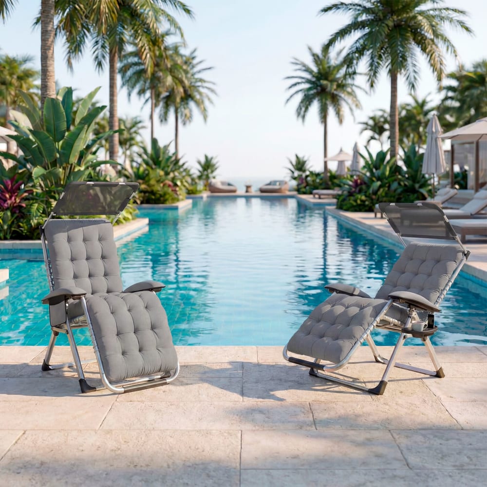 Lot 2 chaises longues pliables pare-soleil et repose-pieds gris clair