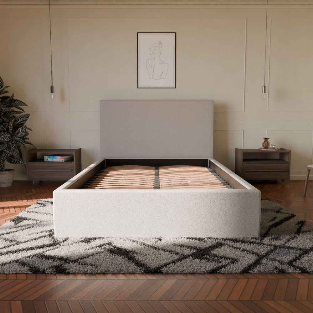 Lit Coffre Avec Tête En Tissu Bouclé Blanc 140x190cm - Célia - Morphea