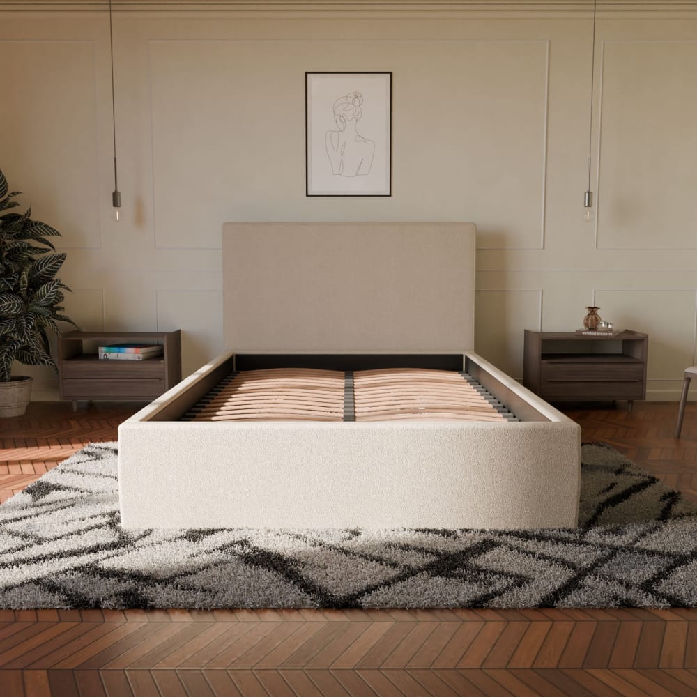 Lit Coffre Avec Tête En Tissu Bouclé Beige 140x190cm - Célia - Morphea