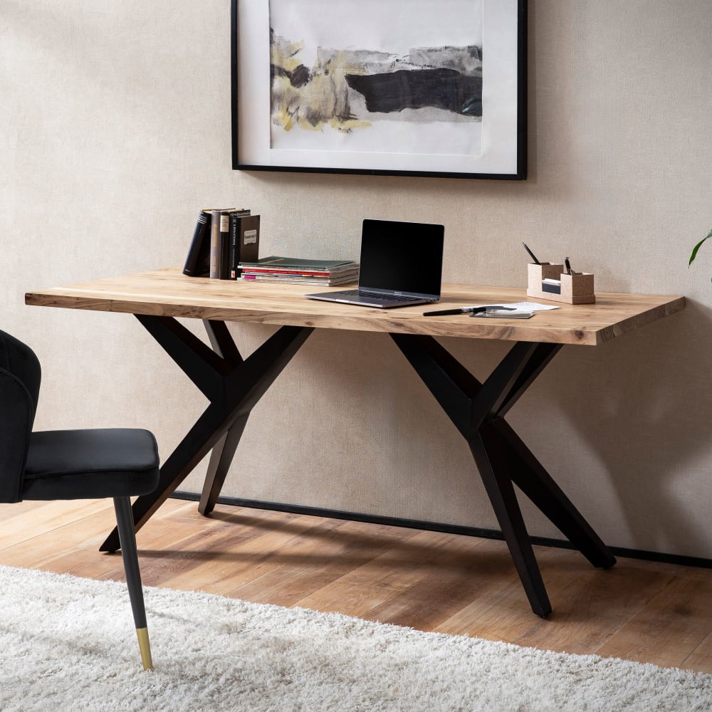 Finebuy Bureau Bois Massif Acacia Métal Table D'ordinateur Industriel Petit