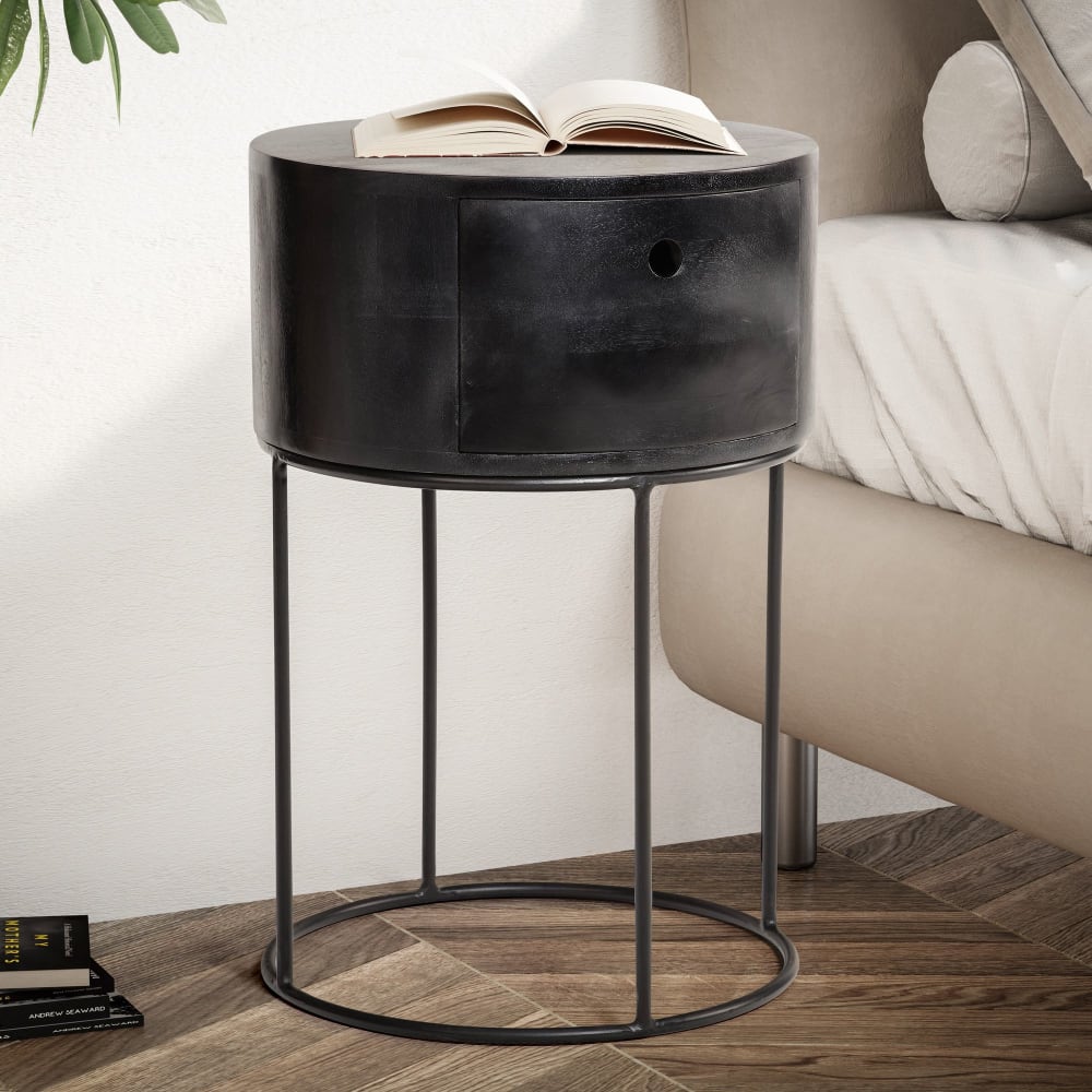 Finebuy Table De Nuit Bois Massif 60 Cm Chevet Rond Tiroir Pour Lit Boxspring
