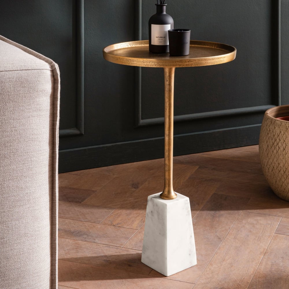 Finebuy Table D'appoint De Salon Marbre Véritable Ø 34 Cm Haute Ronde Dorée
