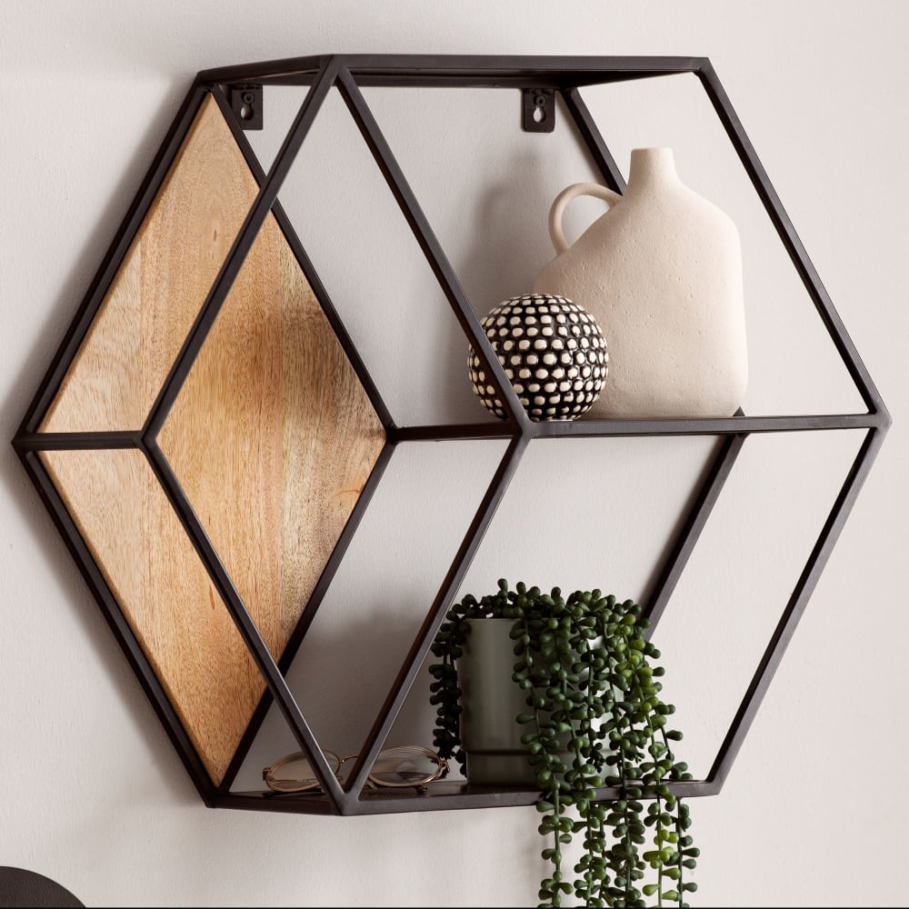 Finebuy Étagère Murale Bois Massif Métal 60x52x20 Cm Étagère Suspendue Flottante