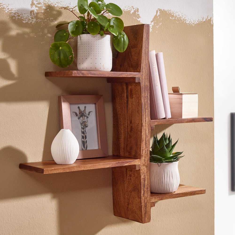 Finebuy Étagère Murale Sheesham Bois Massif 58x60x15 Cm Étagère Livres Suspendue