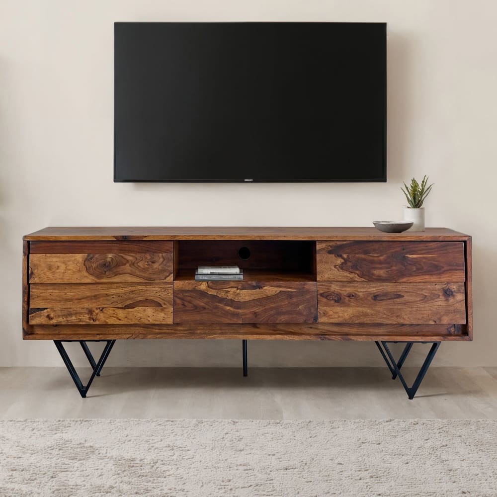 Finebuy Meuble Tv Sheesham 160 Cm Bois Massif Pieds Métal Style Industriel