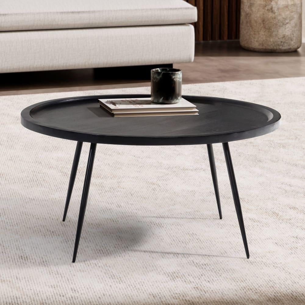 Table Basse Café de Salon Canapé 75 cm Bois Massif Métal Ronde Noir FineBuy