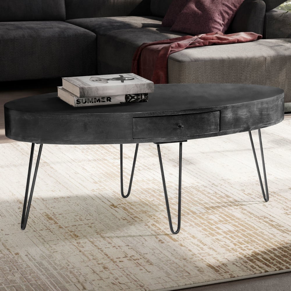 Finebuy Table Basse Café De Salon 100 Cm Bois Massif Ovale Tiroir Pieds Épingle