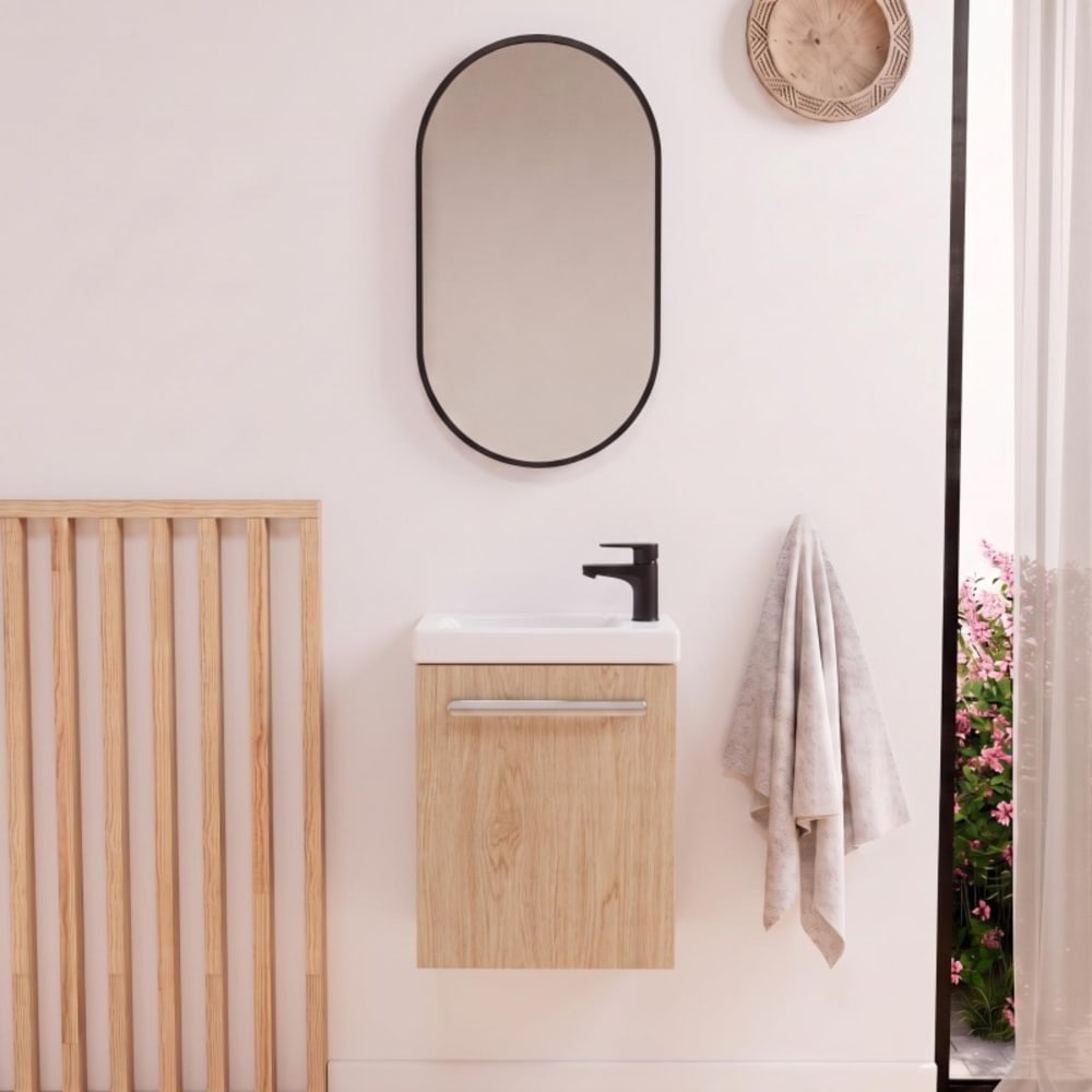 Ensemble lave-mains suspendu NEVADA avec robinet noir et miroir ovale