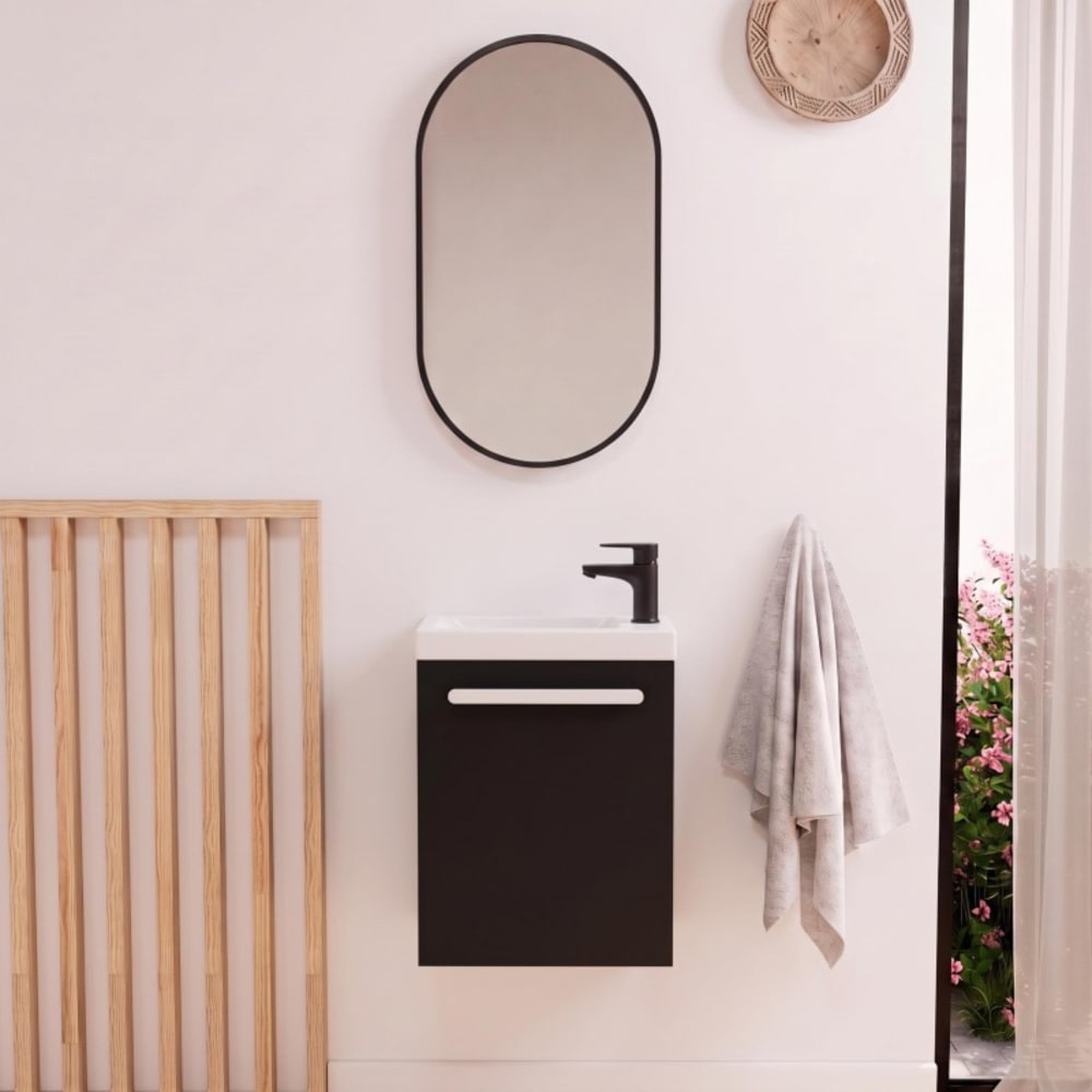 Ensemble lave-mains suspendu NEVADA avec robinet noir et miroir ovale