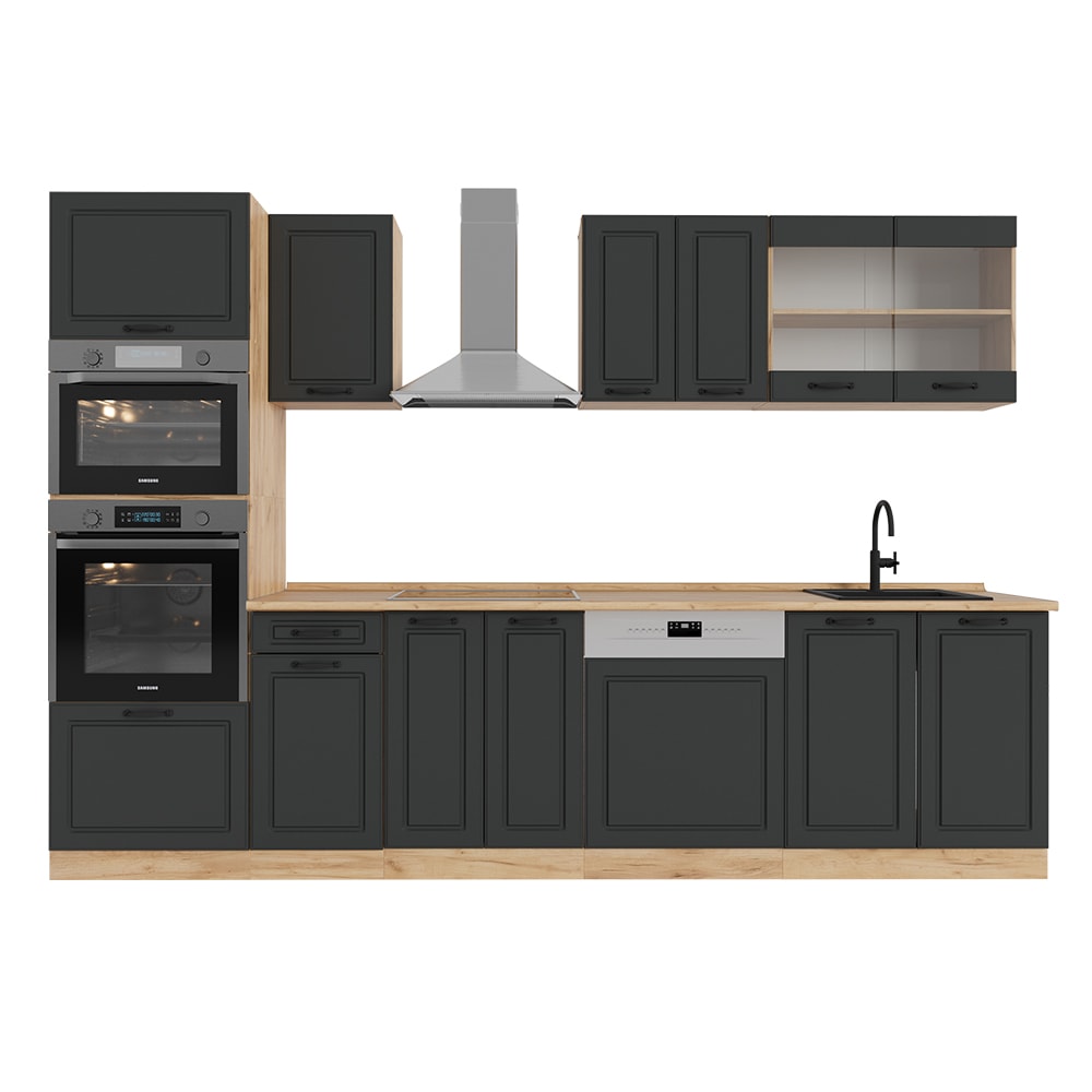 Vicco Cuisine Anthracite Campagne/Chêne doré 300cm avec armoire haute, PT Chêne