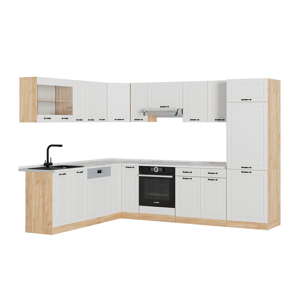 Vicco Cuisine en angle Blanc/Chêne de force doré 287 x 227 cm, PT Marbre
