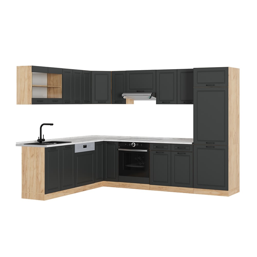 Vicco Cuisine en angle Anthracite campagne/Chêne de force doré 287 x 227 cm, PT Marbre