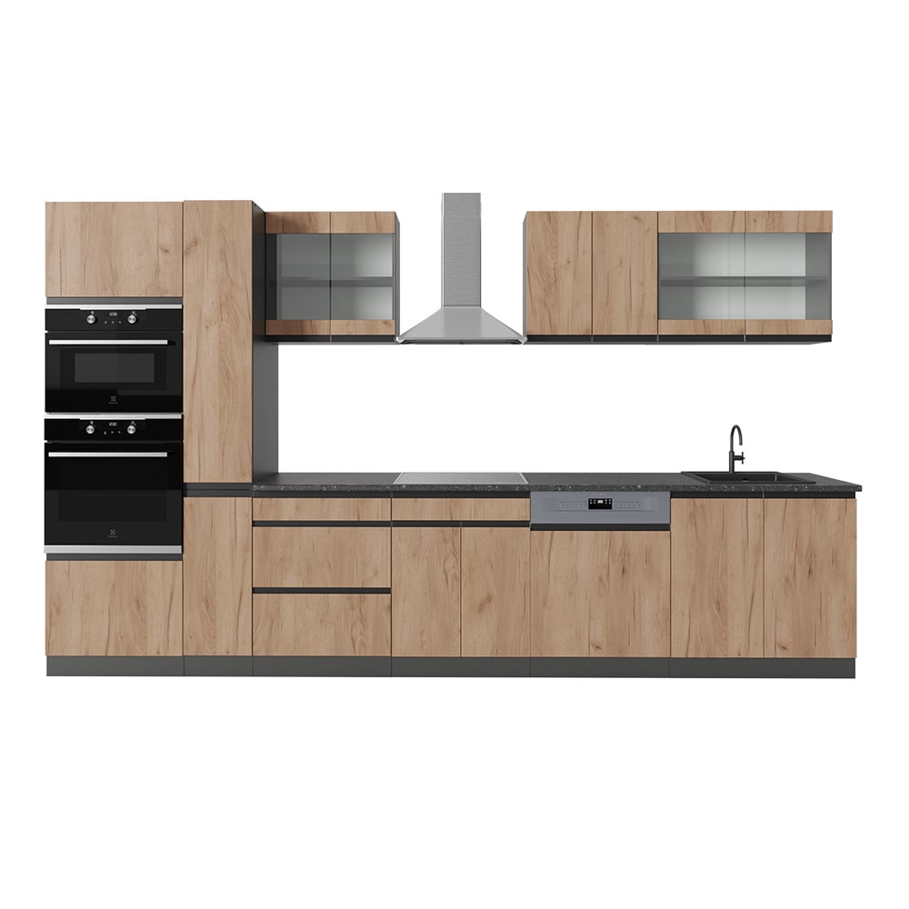 Vicco Cuisine Chêne doré/anthracite 350cm J-Shape, avec armoire haute, sans PT