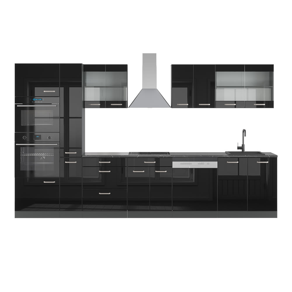 Vicco Ligne de cuisine Noir brillant/Anthracite 350cm avec armoire haute, PT Anthracite
