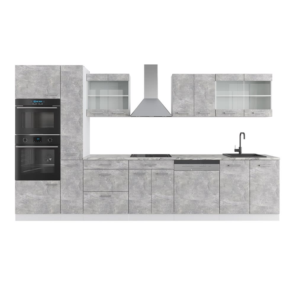 Cuisine avec armoire haute, pt marbre, béton/blanc 350 x 206.8cm