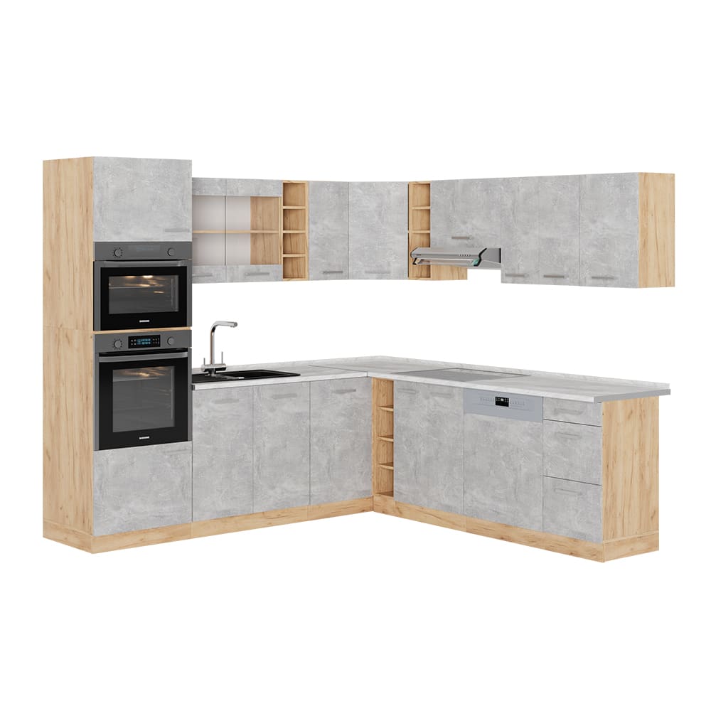 Vicco Cuisine en angle Béton/Chêne de force doré 247 x 237 cm, PT Marbre