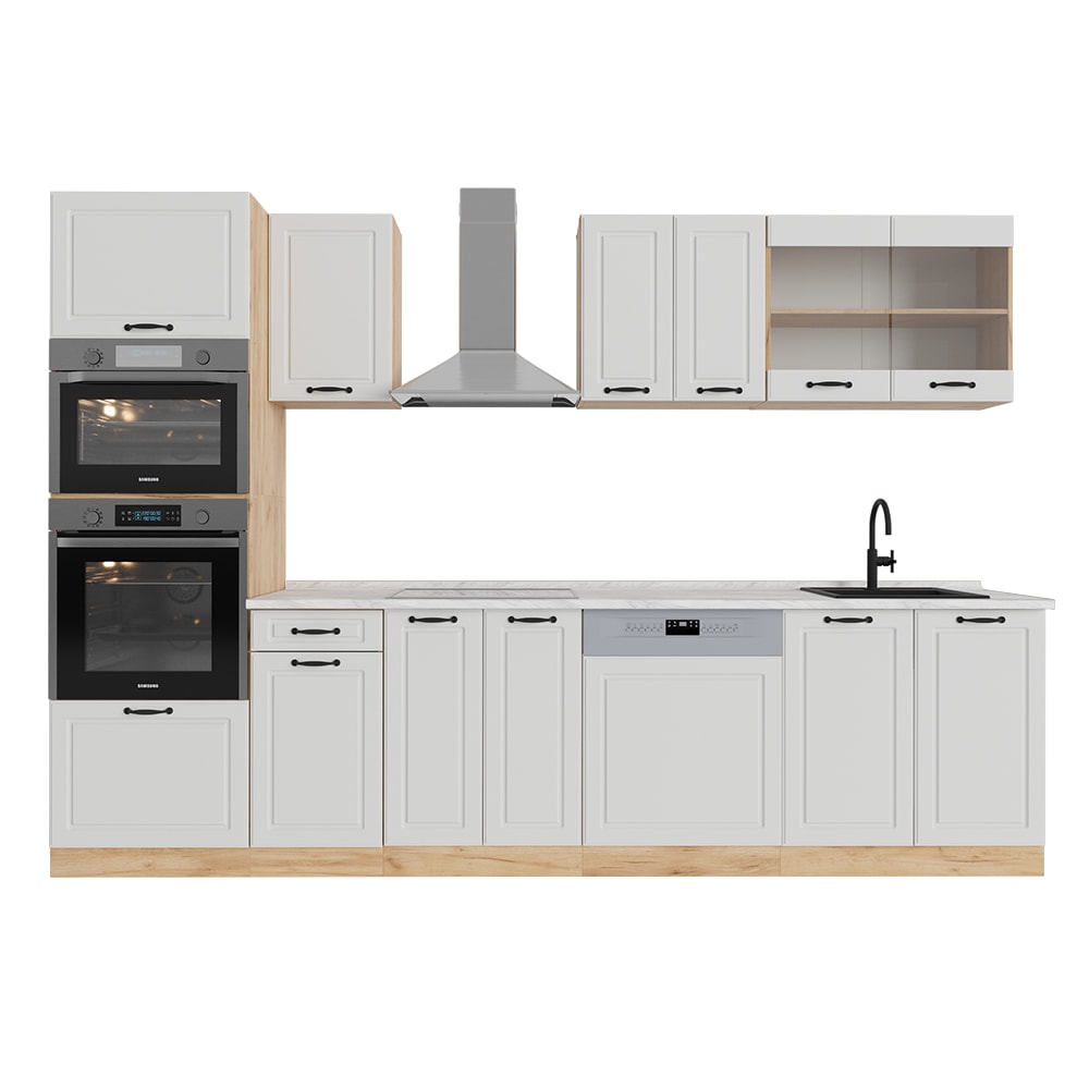 Vicco Cuisine Blanc campagnard/Chêne doré 300cm avec armoire haute, PT Marbre