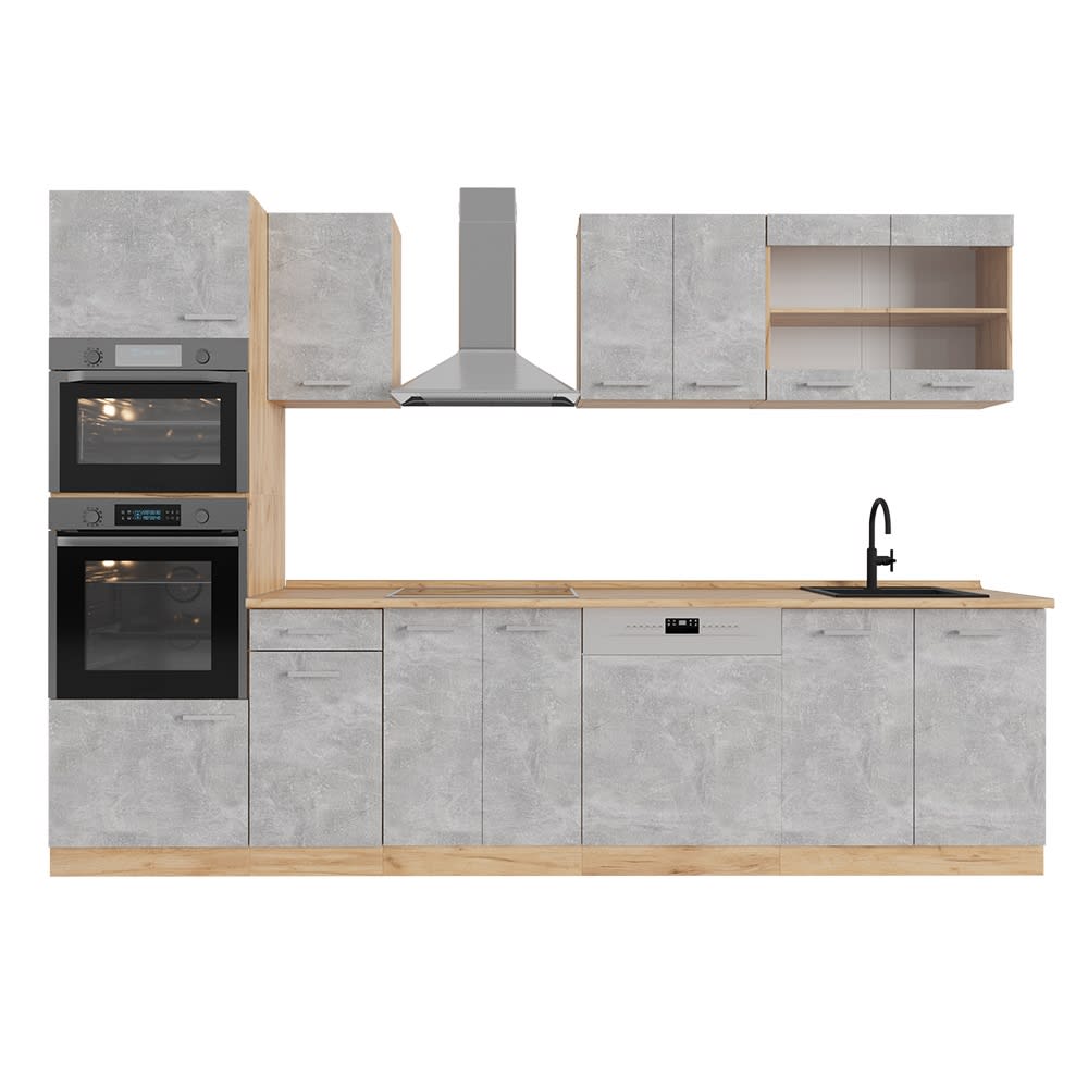 Vicco Cuisine Béton/force dor Chêne 300cm avec armoire haute, PT Chêne