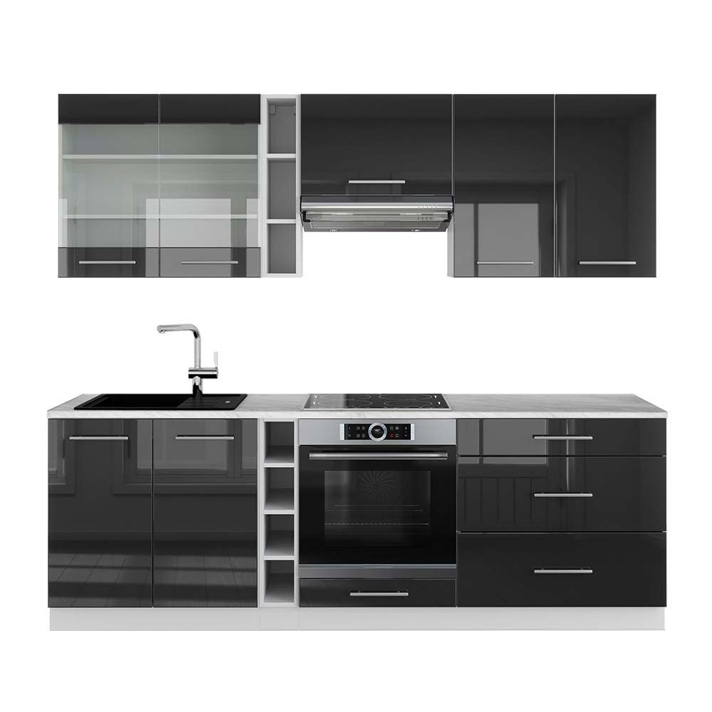 Cuisine, pt marbre, anthracite brillant/blanc 235 x 82cm