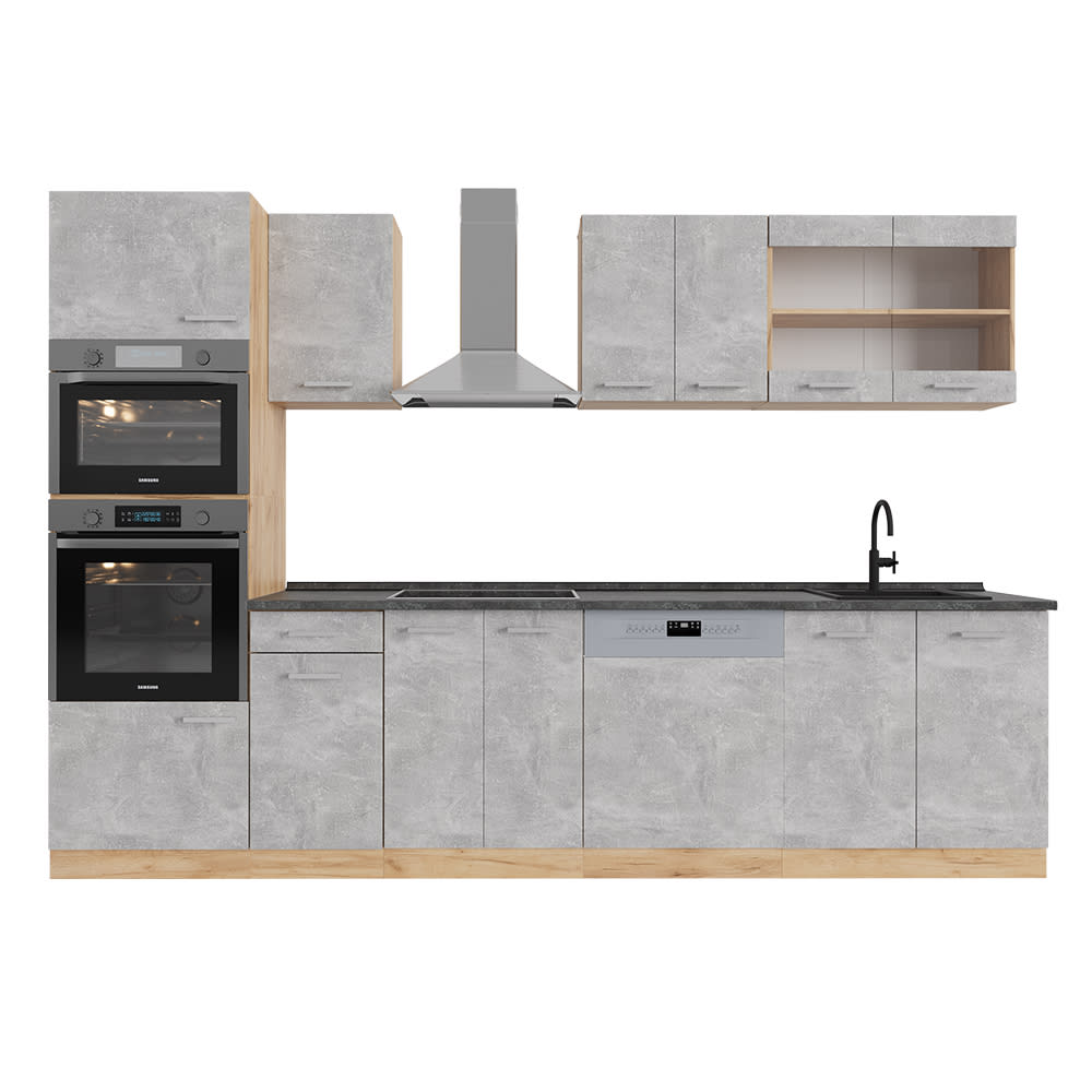 Vicco Cuisine Béton/force dor Chêne 300cm avec armoire haute, PT Anthracite