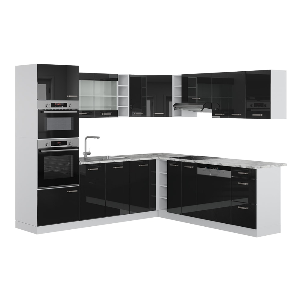 Vicco Cuisine en angle Noir Haute brillance/Blanc 247 x 237 cm, PT Marbre