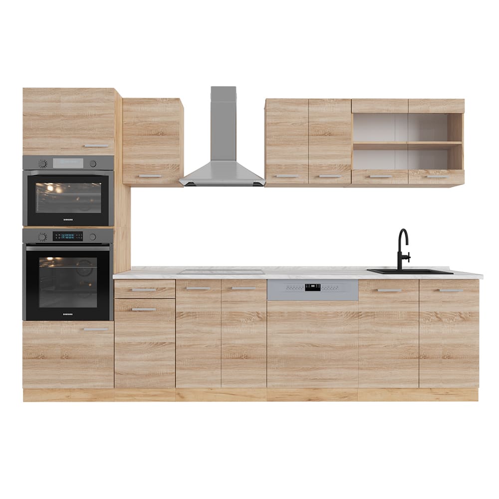 Vicco Cuisine Sonoma/Chêne doré 300cm avec armoire haute, PT Marbre