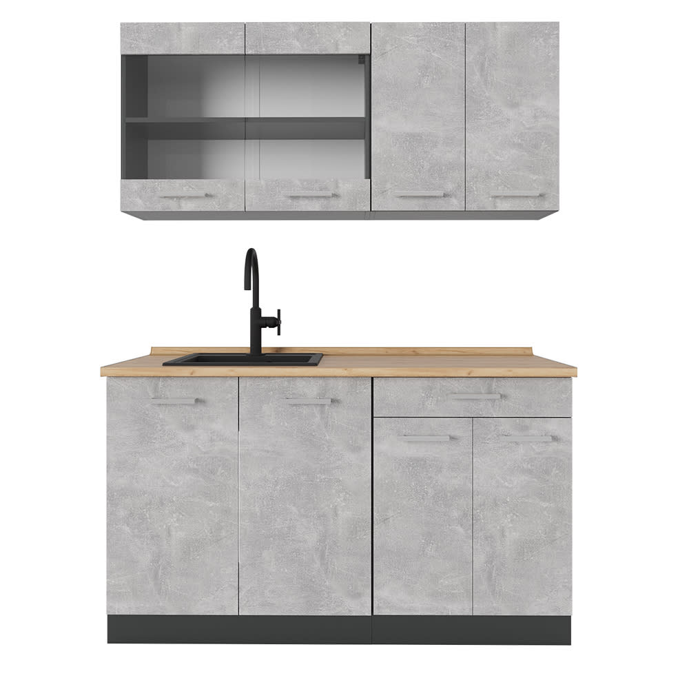 Vicco Cuisine Béton/Anthracite 140cm, PT Chêne